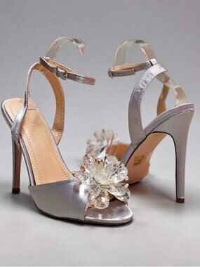 Crystal Embellished Silver Satin High Heel Sandals With Ankle Strap & Peep Toe F